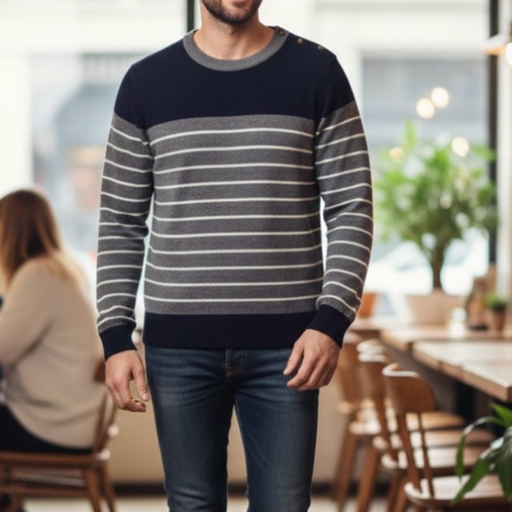 21men Navy and Gray Striped Crewneck Sweater